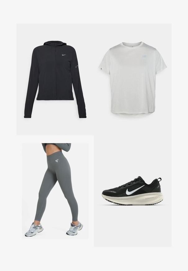 Black hooded jacket with long sleeves, made from lightweight material. Features a front zipper, a Nike logo, and subtle design accents.; Light gray, short-sleeve athletic t-shirt with a textured mesh fabric and a subtle blue logo on the front. Rounded hem at the bottom.; SQUATPROOF CONVEY SEAMLESS - Leggings - grey; Black Nike running shoe with breathable mesh upper, white swoosh logo, textured detailing, and a cream-colored ZoomX midsole.