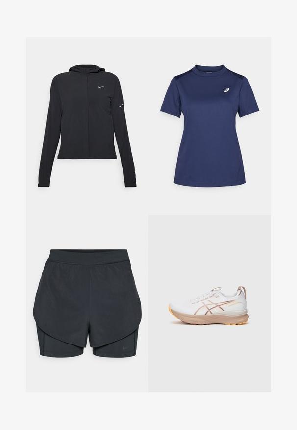 Melnā kapuci jaka ar garām piedurknēm, izgatavota no viegla materiāla. Tam ir priekšējais rāvējslēdzis, Nike logo un smalki dizaina akcenti.; ASICS COURT TOP - Sporta krekli - midnight; Melnas sporta šortus ar slāņotu dizainu, kas ietver gludu ārējo slāni un pieguļošus iekšējos šortus. Izgatavoti no viegla, elastīga auduma.; Baltas sporta apavs ar beige akcentiem, teksturētu augšējo daļu, saistēm un oranžu zoli. Sānos ir dizaina līnijas papildu detaļām.