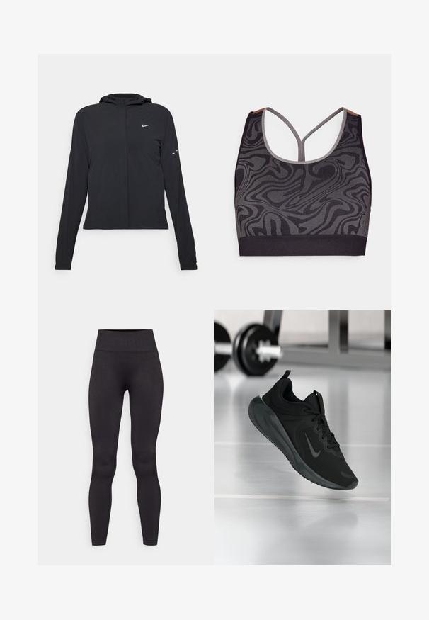 Fekete kapucnis dzseki hosszú ujjakkal, könnyű anyagból készült. Elülső cipzárral, Nike logóval és diszkrét dizájn elemekkel rendelkezik.; Fekete sportmelltartó szürke örvénylő mintával, amely kerek nyakkivágással és versenypályás hátrésszel rendelkezik. Texturált kötött anyagból készült.; Sima, rugalmas anyagból készült fekete leggings. Magas derekú, bordázott textúrával. Testhezálló szabás, látható varratok vagy minták nélküli.; Fekete sportcipő Nike logóval, amely a levegőben látható az edzőterem padlóján, a háttérben elmosódott kézi súlyzó állvánnyal.