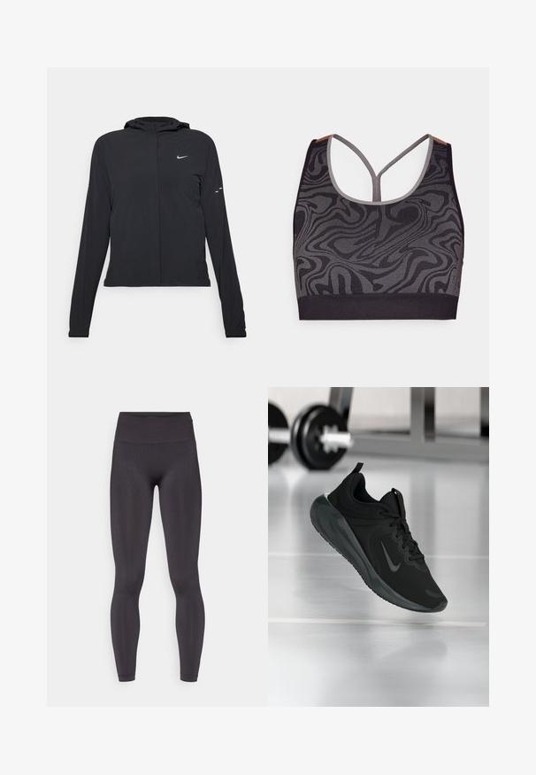 Czarna kurtka z kapturem, z długimi rękawami, wykonana z lekkiego materiału. Posiada zamek błyskawiczny z przodu, logo Nike oraz subtelne akcenty wzornicze.; Czarny stanik sportowy z szarym wzorem w wiry, z dekoltem w serek i tyłem w stylu racerback. Wykonany z teksturowanej dzianiny.; ONLY Play ONPSCULP czarny; Czarny sportowy sneaker z logo Nike, pokazany w powietrzu na podłodze siłowni, z rozmytym regałem z hantlami w tle.