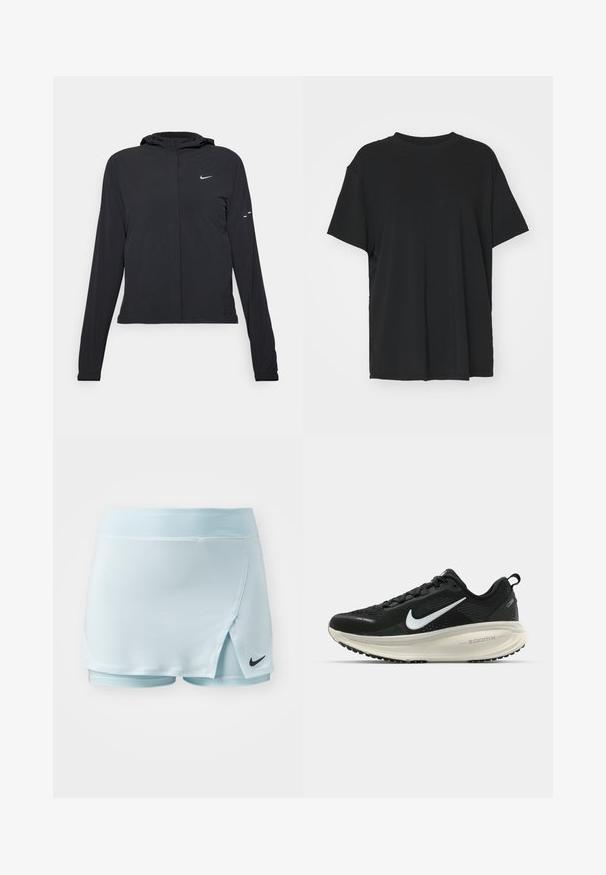 Casaco preto com capuz e mangas longas, feito de material leve. Apresenta um fecho dourado na frente, um logótipo da Nike e detalhes de design subtis.; T-shirt preto de manga curta feito de tecido suave, com decote redondo e corte solto. Apresenta aberturas laterais para maior conforto e respirabilidade.; Saia atlética azul-claro com calções embutidos, apresentando uma abertura lateral e o logo da Nike em preto do lado esquerdo. Material suave e elástico.; Sapatilha de corrida Nike preta com parte superior de malha respirável, logotipo Swoosh branco, detalhes texturizados e uma entressola ZoomX na cor creme.