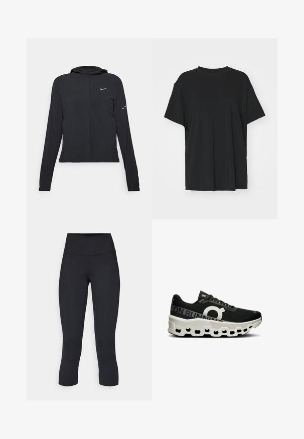 Chaqueta negra con capucha y mangas largas, hecha de un material ligero. Presenta un cierre frontal, un logo de Nike y acentos de diseño sutiles.; Camiseta negra de manga corta hecha de tejido suave, con cuello redondo y corte holgado. Presenta aberturas laterales para mayor comodidad y transpirabilidad.; Leggings negros cortos hechos de tela elástica, con una cintura alta y una textura suave, sin patrones o herrajes visibles.; Zapatilla de running negra con parte superior de malla texturizada, logo blanco prominente y una suela moldeada única en blanco y negro con recortes hexagonales.