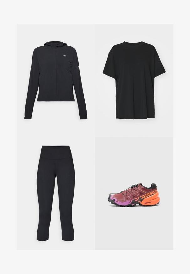 Melnā kapuci jaka ar garām piedurknēm, izgatavota no viegla materiāla. Tam ir priekšējais rāvējslēdzis, Nike logo un smalki dizaina akcenti.; Melna īsām piedurknēm T-krekli, izgatavots no gludas auduma, ar apaļu kakla izgriezumu un brīvu piegriezumu. Satur sānu šķēlumu, lai nodrošinātu papildu komfortu un gaisa caurlaidību.; Melnas apgrieztas legingi, izgatavoti no elastīga auduma, ar augstu jostasvietu un gludu tekstūru, bez redzamām rakstu vai aksesuāriem.; Skriešanas apavi ar maroon, violetu un melnu dizainu, teksturētu uzpusi un izteiktām oranžām akcentiem uz papēža.