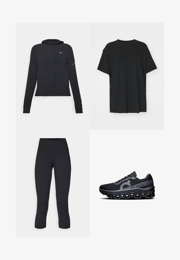 Melnā kapuci jaka ar garām piedurknēm, izgatavota no viegla materiāla. Tam ir priekšējais rāvējslēdzis, Nike logo un smalki dizaina akcenti.; Melna īsām piedurknēm T-krekli, izgatavots no gludas auduma, ar apaļu kakla izgriezumu un brīvu piegriezumu. Satur sānu šķēlumu, lai nodrošinātu papildu komfortu un gaisa caurlaidību.; Melnas apgrieztas legingi, izgatavoti no elastīga auduma, ar augstu jostasvietu un gludu tekstūru, bez redzamām rakstu vai aksesuāriem.; Melnas skriešanas kurpes ar teksturētu sieta augšpusi, kurai ir izteikts logo un atstarojoši akcenti. Bieza putas zole ar sešstūra izgriezumiem.