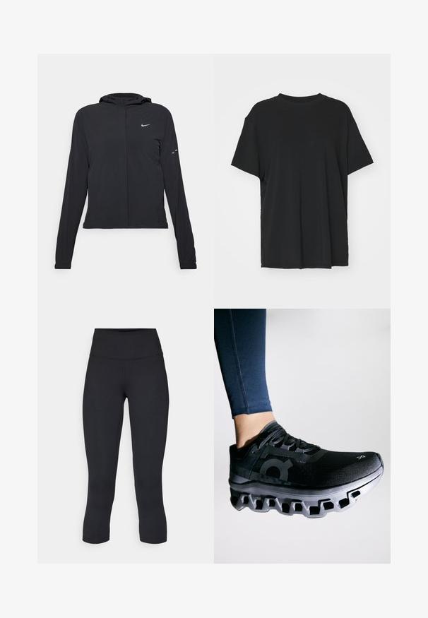 Melnā kapuci jaka ar garām piedurknēm, izgatavota no viegla materiāla. Tam ir priekšējais rāvējslēdzis, Nike logo un smalki dizaina akcenti.; Melna īsām piedurknēm T-krekli, izgatavots no gludas auduma, ar apaļu kakla izgriezumu un brīvu piegriezumu. Satur sānu šķēlumu, lai nodrošinātu papildu komfortu un gaisa caurlaidību.; Melnas apgrieztas legingi, izgatavoti no elastīga auduma, ar augstu jostasvietu un gludu tekstūru, bez redzamām rakstu vai aksesuāriem.; Melna skriešanas apava ar teksturētu virsotni un izteiksmīgu starpsoļu daļu ar unikālu segmentētu dizainu. Akcentēta ar logotipu sānos.