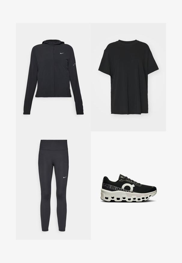 Veste à capuche noire avec des manches longues, fabriquée en matériau léger. Elle comporte une fermeture éclair à l'avant, un logo Nike et des accents de design subtils.; T-shirt noir à manches courtes en tissu lisse, avec un col ras du cou et une coupe décontractée. Présente des fentes sur les côtés pour plus de confort et de respirabilité.; Leggings noirs en tissu extensible, dotés d'une taille haute et d'un logo Nike blanc sur la cuisse gauche. Texture lisse, design ajusté.; Chaussure de course noire avec une tige en mesh texturé, un logo blanc bien visible, et une semelle moulée unique noir et blanc avec des découpes hexagonales.