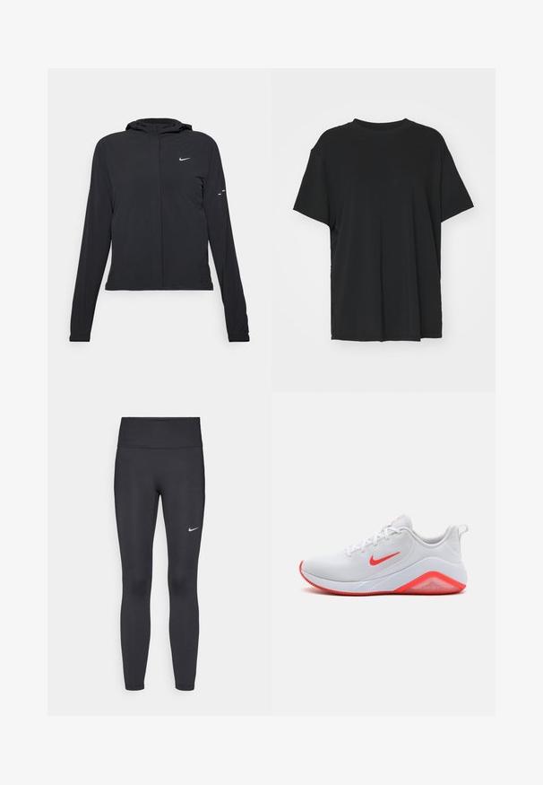Jachetă neagră cu glugă, cu mâneci lungi, fabricată din material ușor. Dispune de un fermoar frontal, un logo Nike și accente de design subtile.; Tricou negru cu mânecă scurtă, fabricat dintr-un material neted, cu guler rotund și croială lejeră. Dispune de fante laterale pentru un plus de confort și respirație.; Leggings negre dintr-un material elastic, având talie înaltă și un logo alb Nike pe coapsa stângă. Textură netedă, design care se conturează pe corp.; Pantofi sport albi cu un superior din plasă, accente roșii pe logo-ul swoosh și talpă, și un toc căptușit. Prezintă o talpă texturată pentru aderență.