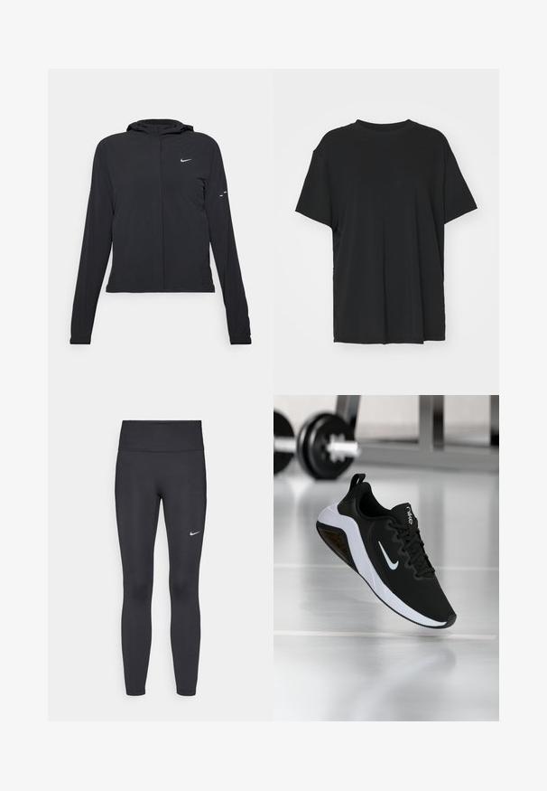Casaco preto com capuz e mangas longas, feito de material leve. Apresenta um fecho dourado na frente, um logótipo da Nike e detalhes de design subtis.; T-shirt preto de manga curta feito de tecido suave, com decote redondo e corte solto. Apresenta aberturas laterais para maior conforto e respirabilidade.; Leggings pretos feitos de tecido elástico, com uma cintura alta e um logo branco da Nike na coxa esquerda. Textura suave, design ajustado ao corpo.; Sapatilha atlética preta com parte superior em rede, sola branca e logótipo da Nike. Apresenta um bico arredondado e acabamentos texturizados. Flutua acima de um piso de ginásio.
