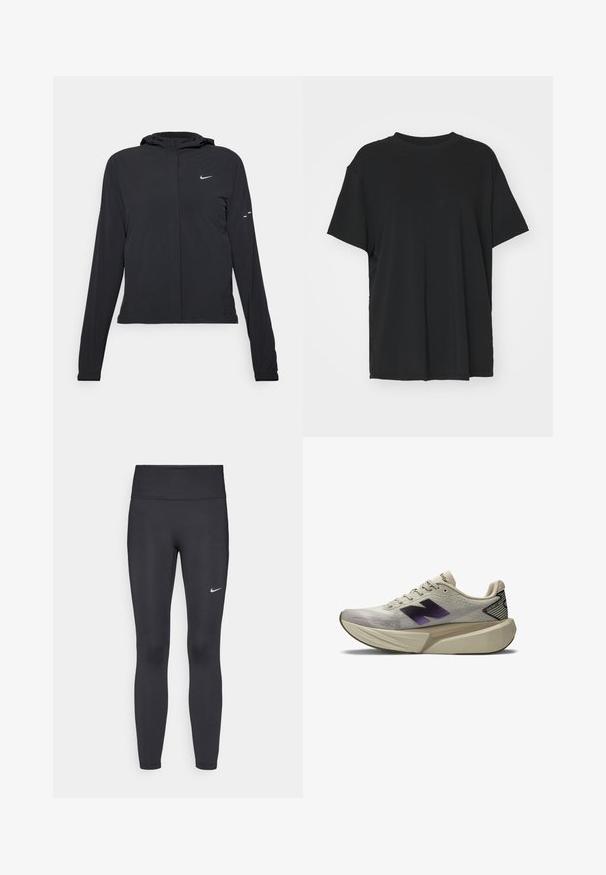 Czarna kurtka z kapturem, z długimi rękawami, wykonana z lekkiego materiału. Posiada zamek błyskawiczny z przodu, logo Nike oraz subtelne akcenty wzornicze.; Czarna krótko rękawowa koszulka wykonana z gładkiego materiału, z okrągłym dekoltem i luźnym krojem. Posiada boczne rozcięcia, które zapewniają dodatkowy komfort i przewiewność.; Czarne legginsy z elastycznego materiału, z wysokim pasem i białym logo Nike na lewym udzie. Gładka tekstura, dopasowany krój.; Jasno beżowy but sportowy z grubą podeszwą, czarnym i fioletowym logo "N" po boku oraz etykietą "FantomFit" na pięcie.