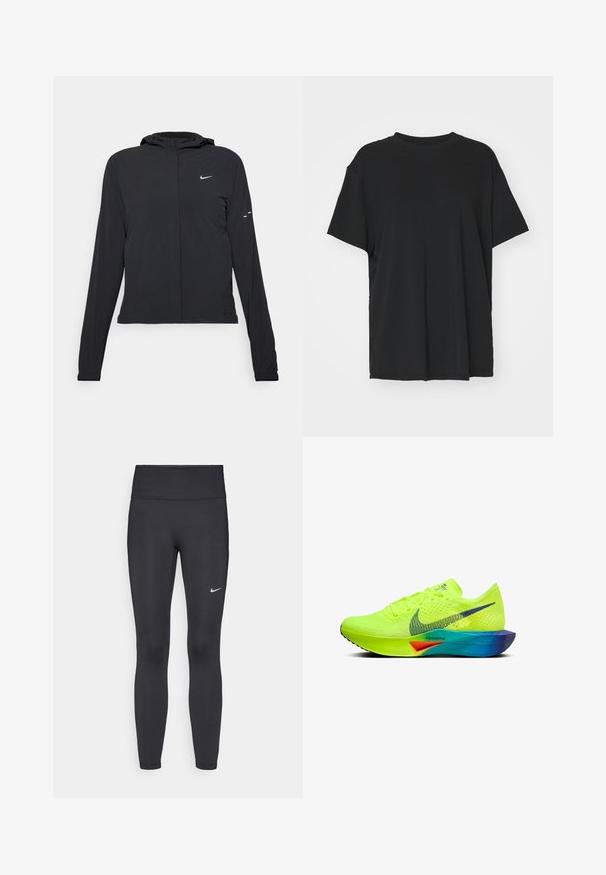 Giacca nera con cappuccio e maniche lunghe, realizzata in materiale leggero. Presenta una zip frontale, il logo Nike e accenti di design sottili.; T-shirt nera a maniche corte realizzata in un tessuto morbido, con collo rotondo e vestibilità ampia. Presenta delle fessure laterali per un comfort e una traspirabilità aggiuntivi.; Leggings neri realizzati in tessuto elasticizzato, con una vita alta e un logo Nike bianco sulla coscia sinistra. Tessuto liscio, design aderente.; Nike Performance NIKE ZOOM X VAPORFLY NEXT 3 - Scarpe da corsa su strada - gelb