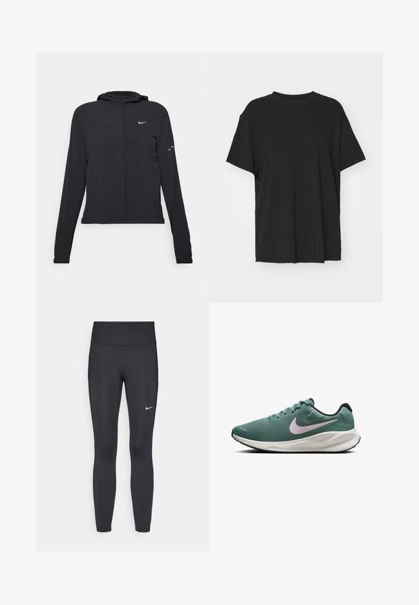 Casaco preto com capuz e mangas longas, feito de material leve. Apresenta um fecho dourado na frente, um logótipo da Nike e detalhes de design subtis.; T-shirt preto de manga curta feito de tecido suave, com decote redondo e corte solto. Apresenta aberturas laterais para maior conforto e respirabilidade.; Leggings pretos feitos de tecido elástico, com uma cintura alta e um logo branco da Nike na coxa esquerda. Textura suave, design ajustado ao corpo.; Sapatilha de corrida em malha verde com uma sola branca e preta. Apresenta um logo Nike em roxo claro e um tecido texturizado para respirabilidade.
