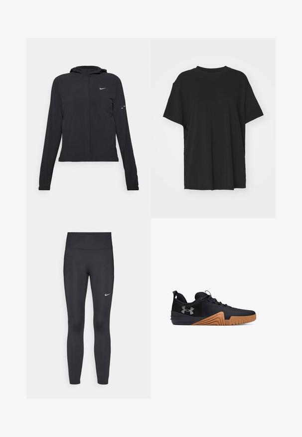Fekete kapucnis dzseki hosszú ujjakkal, könnyű anyagból készült. Elülső cipzárral, Nike logóval és diszkrét dizájn elemekkel rendelkezik.; Fekete, rövid ujjú póló sima anyagból, kerek nyakkivágással és laza szabással. Oldalhasítékokkal a kényelem és a légáteresztés érdekében.; Fekete leggings elasztikus anyagból, magas derékkal és fehér Nike logóval a bal combon. Simább textúra, testhez álló kialakítás.; Fekete sportcipők texturált anyagból, barna gumi talppal csúszásgátló mintázattal és kontrasztos logóval az oldalon.