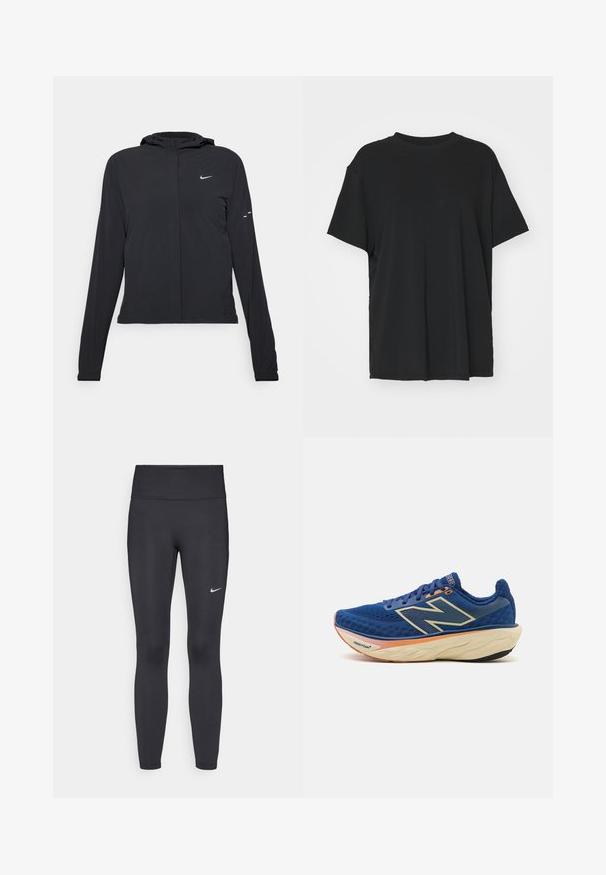Svart huva jacka med långa ärmar, gjord av lätt material. Har en framdragare, en Nike-logotyp och subtila designelement.; Svart kortärmad t-shirt i slätt tyg, med rund hals och lös passform. Har sidslitsar för ökad komfort och andningsförmåga.; Svarta leggings i elastiskt material, med hög midja och en vit Nike-logga på vänster lår. Slät textur, figurnära design.; Blå löparsko med ett andningsbart mesh-övre, vadderad krage och en dämpad sula med en orange detalj. "Fresh Foam"-logotyp synlig.