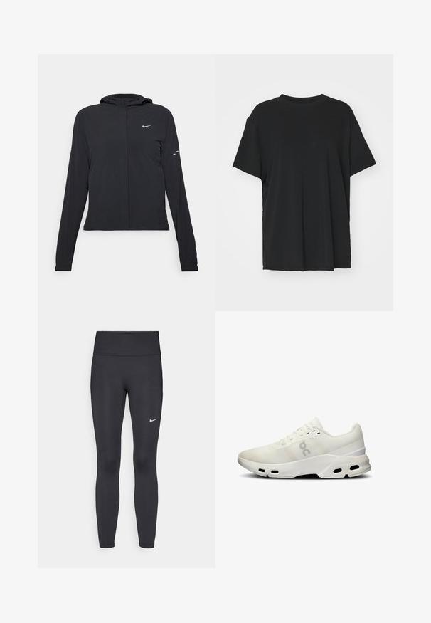 Veste à capuche noire avec des manches longues, fabriquée en matériau léger. Elle comporte une fermeture éclair à l'avant, un logo Nike et des accents de design subtils.; T-shirt noir à manches courtes en tissu lisse, avec un col ras du cou et une coupe décontractée. Présente des fentes sur les côtés pour plus de confort et de respirabilité.; Leggings noirs en tissu extensible, dotés d'une taille haute et d'un logo Nike blanc sur la cuisse gauche. Texture lisse, design ajusté.; Baskets de sport blanches avec tige en maille, col rembourré et détails texturés ; présentent une semelle Cloudtec avec des trous de ventilation pour la respirabilité.
