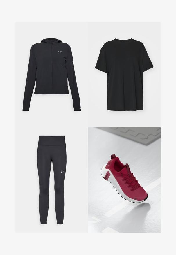 Svart huva jacka med långa ärmar, gjord av lätt material. Har en framdragare, en Nike-logotyp och subtila designelement.; Svart kortärmad t-shirt i slätt tyg, med rund hals och lös passform. Har sidslitsar för ökad komfort och andningsförmåga.; Svarta leggings i elastiskt material, med hög midja och en vit Nike-logga på vänster lår. Slät textur, figurnära design.; Röd sportskor med en texturerad ovandel, snörning och en tjock vit sula. Har en kontrasterande svart tåskydd och en logotyp på sidan.