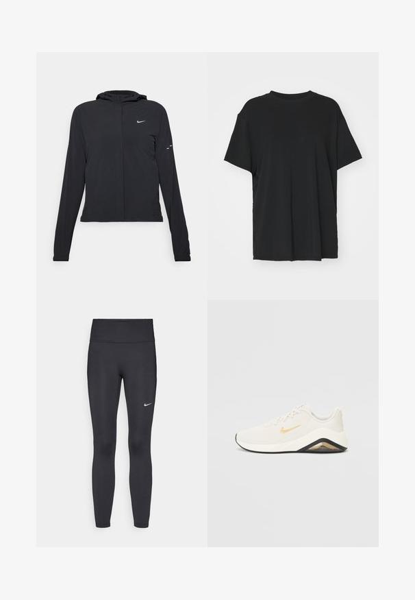 Svart hettegenser med lange ermer, laget av lett materiale. Har glidelås foran, Nike-logo og subtile design detaljer.; Svart t-skjorte med korte ermer laget av glatt stoff, med rund hals og løs passform. Har sideslisser for ekstra komfort og pusteevne.; Sorte leggings laget av elastisk stoff, med høy livlinje og en hvit Nike-logo på venstre lår. Glatt tekstur, kroppsnær passform.; Nike-sko med hvitt og gull-design, som har et teksturert overmateriale, polstret hæl, svart såle og en fremtredende logo.
