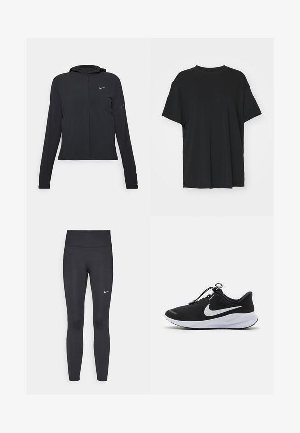 Černá kapucňová bunda s dlouhými rukávy, vyrobená z lehkého materiálu. Obsahuje přední zip, logo Nike a decentní designové akcenty.; Černé tričko s krátkým rukávem vyrobené z hladkého materiálu, s kulatým výstřihem a volným střihem. Obsahuje boční rozparky pro větší pohodlí a prodyšnost.; Černé legíny vyrobené z elastického materiálu, s vysokým pasem a bílým logem Nike na levém stehně. Hladká textura, přiléhavý střih.; Nike Performance REVOLUTION 7 EASYON - Silniční běžecké boty - black/white