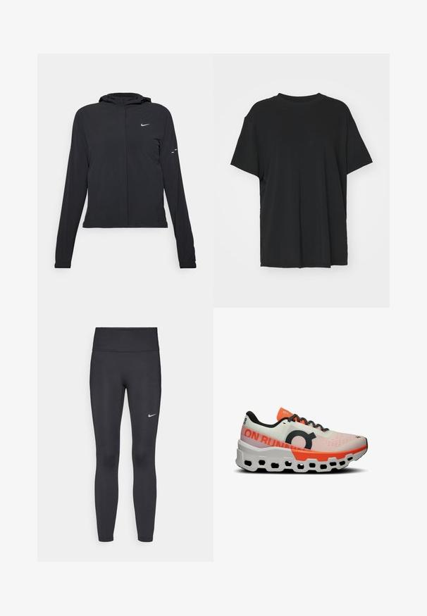 Black hooded jacket with long sleeves, made from lightweight material. Features a front zipper, a Nike logo, and subtle design accents.; Black short-sleeve t-shirt made of smooth fabric, with a crew neck and loose fit. Features side slits for added comfort and breathability.; Black leggings made of stretchy fabric, featuring a high waistband and a white Nike logo on the left thigh. Smooth texture, form-fitting design.; On CLOUDMONSTER 2 - Road running shoes - undyed flame