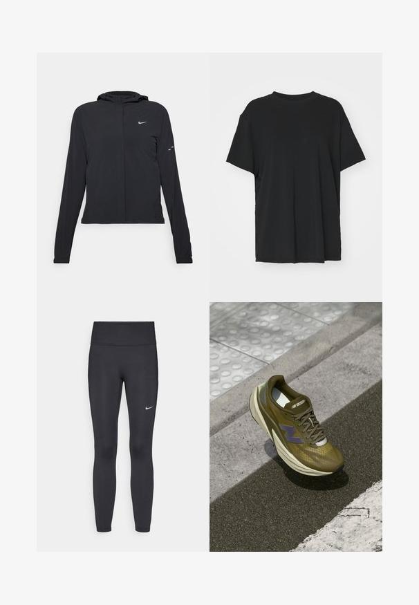 Svart huva jacka med långa ärmar, gjord av lätt material. Har en framdragare, en Nike-logotyp och subtila designelement.; Svart kortärmad t-shirt i slätt tyg, med rund hals och lös passform. Har sidslitsar för ökad komfort och andningsförmåga.; Svarta leggings i elastiskt material, med hög midja och en vit Nike-logga på vänster lår. Slät textur, figurnära design.; Olivgrön träningsskor med ett ventilerande överdel i mesh, dämpande mellansula, lila logotypaccent och mönstrad gummiundersula för grepp.