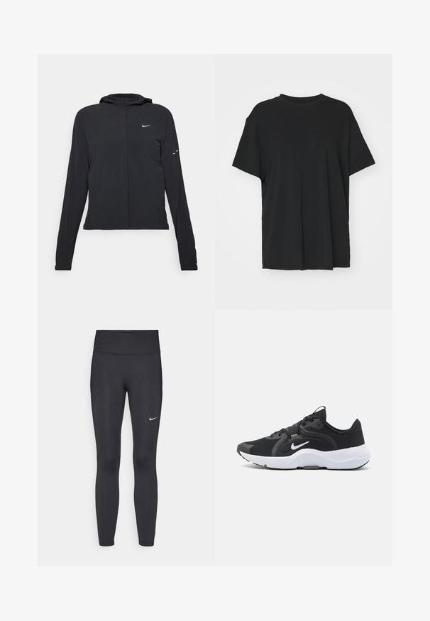 Svart huva jacka med långa ärmar, gjord av lätt material. Har en framdragare, en Nike-logotyp och subtila designelement.; Svart kortärmad t-shirt i slätt tyg, med rund hals och lös passform. Har sidslitsar för ökad komfort och andningsförmåga.; Svarta leggings i elastiskt material, med hög midja och en vit Nike-logga på vänster lår. Slät textur, figurnära design.; Svart idrottssko med en andningsbar textilöverdela, vadderad krage, vit mellansula och strukturerad gummisula. Nike-logotyp i vitt.