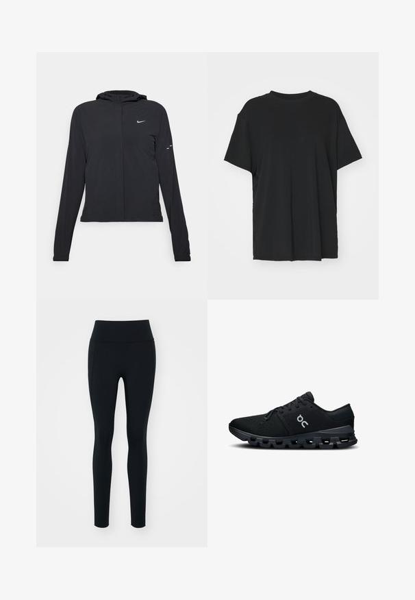 Čierna kapucňová bunda s dlhou rukávou, vyrobená z ľahkého materiálu. Má predný zips, logo Nike a jemné dizajnové akcenty.; Čierne tričko s krátkym rukávom vyrobené z hladkej tkaniny, s okrúhlym výstrihom a voľným strihom. Obsahuje bočné rozparky pre väčšie pohodlie a priedušnosť.; Čierne legíny vyrobené z elastického materiálu s vysokým pásom. Hladká textúra, priliehavý strih a žiadne viditeľné ozdoby alebo vzory.; Čierne športové topánky s priedušným sieťovaným zvrškom, elegantným dizajnom a polstrovanou podrážkou s jedinečným segmentovaným vzorom na trení.
