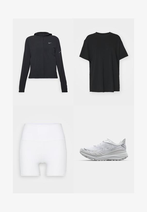 Juodas gobtuvas striukė su ilgomis rankovėmis, pagaminta iš lengvo audinio. Pasižymi priekiniais užtrauktukais, Nike logotipu ir subtiliais dizaino akcentais.; Juodas trumpas rankovėmis marškinėliai, pagaminti iš lygaus audinio, su apvaliu iškirpimu ir laisvu siluetu. Įrengti šoninių skeltukų patogumui ir oro pralaidumui.; Balti aukšto juosmens šortai, pagaminti iš elastingos medžiagos. Yra lygus paviršius ir prigludęs siluetas, be papildomų raštų ar detalių.; Balti bėgimo bateliai su tekstūruota viršutine dalimi, paminkštintu padu ir akcentuotu kulnu. Ypač išryškinta logotipas ir raišteliai, skirti komfortui.