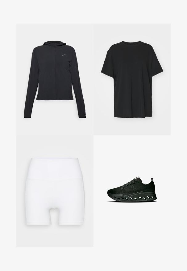 Jachetă neagră cu glugă, cu mâneci lungi, fabricată din material ușor. Dispune de un fermoar frontal, un logo Nike și accente de design subtile.; Tricou negru cu mânecă scurtă, fabricat dintr-un material neted, cu guler rotund și croială lejeră. Dispune de fante laterale pentru un plus de confort și respirație.; Șorturi albe cu talie înaltă, fabricate dintr-un material elastic. Au o textură netedă și un design ajustat, fără modele sau accesorii suplimentare.; On CLOUDSURFER MAX - Pantofi de alergare pe asfalt - black eclipse
