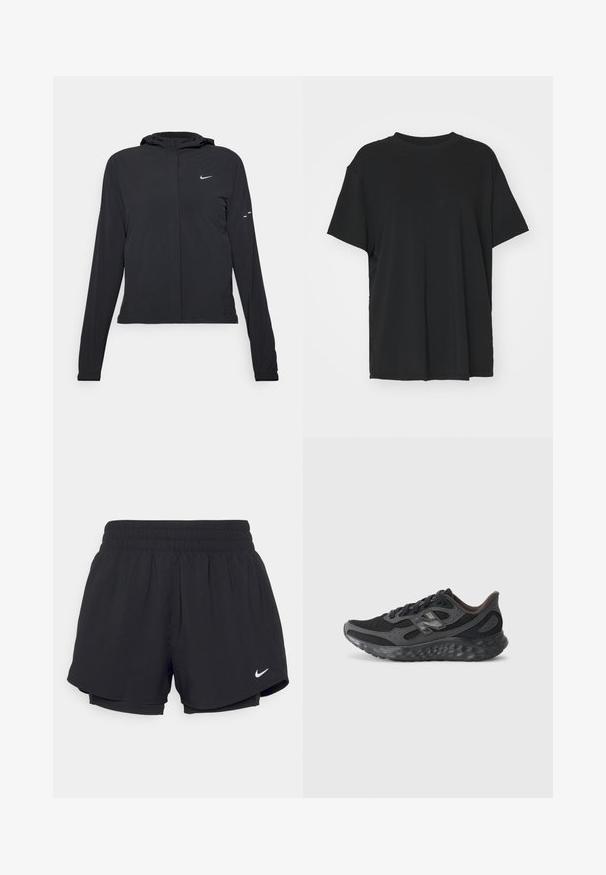 Jachetă neagră cu glugă, cu mâneci lungi, fabricată din material ușor. Dispune de un fermoar frontal, un logo Nike și accente de design subtile.; Tricou negru cu mânecă scurtă, fabricat dintr-un material neted, cu guler rotund și croială lejeră. Dispune de fante laterale pentru un plus de confort și respirație.; Shorts atletici negri cu un talie elastică strânsă, căptușeală interioară și logo-ul alb Nike în partea stângă jos. Material neted și ușor.; Pantof de sport negru, cu un superior din plasă și materiale sintetice, cu vârf rotunjit, talpă căptușită și sistem de șireturi. Se remarcă prin exteriorul texturat.