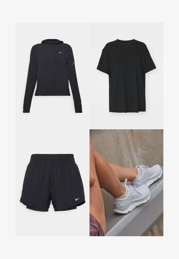 Juodas gobtuvas striukė su ilgomis rankovėmis, pagaminta iš lengvo audinio. Pasižymi priekiniais užtrauktukais, Nike logotipu ir subtiliais dizaino akcentais.; Juodas trumpas rankovėmis marškinėliai, pagaminti iš lygaus audinio, su apvaliu iškirpimu ir laisvu siluetu. Įrengti šoninių skeltukų patogumui ir oro pralaidumui.; Juodi sportiniai šortai su susiūtu elastingu juosmeniu, vidiniu pamušalu ir baltu „Nike“ logotipu apatiniame kairiajame kampe. Lygus, lengvas audinys.; Šviesiai pilki sportiniai batai su tekstūruota tinklelio viršutine dalimi, purpurine kulno akcentu ir balta padu. Pavaizduoti su žemais kojiniais ir betono fono.