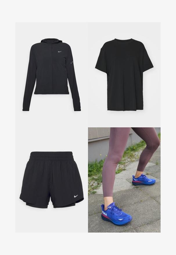 Must musta kapuutsiga jakk, millel on pikad varrukad ja mis on valmistatud kergetest materjalidest. Omab esitaskut, Nike logo ja kergelt silmatorkavaid disainiaktsente.; Must have lühikeste varrukatega must t-särk, mis on valmistatud siledast kangast, ümmarguse kaelusega ja laia lõikega. Omab külgslitsid, mis pakuvad lisamugavust ja hingavust.; Mustad mustad lühikesed püksid kokkutõmmatava elastse vöökohtadega, sisemise voodriga ja valge Nike logo alumises vasakus nurgas. Sile, kerge kangas.; HOKA CLIFTON 9 GTX - Maanteejooksu jalatsid - dazzling blue evening sky