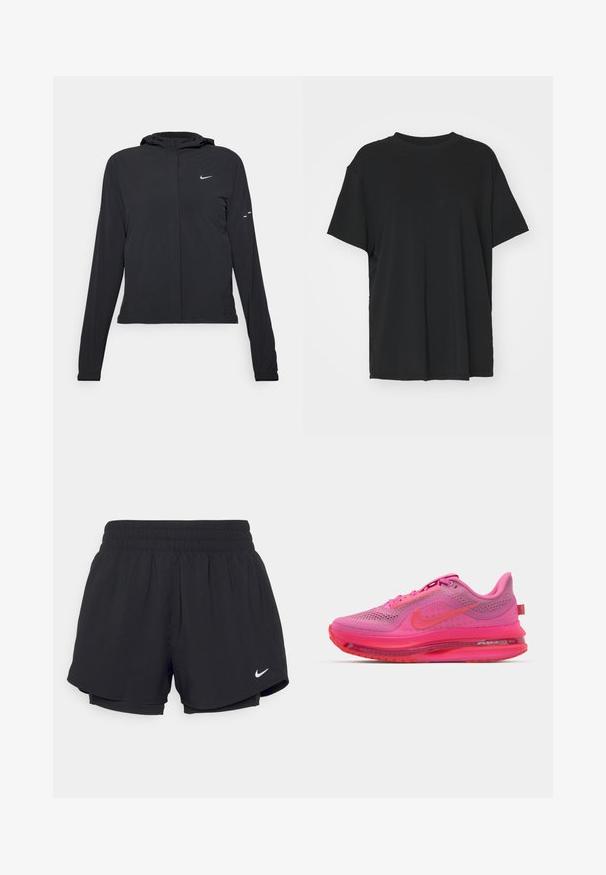 Must musta kapuutsiga jakk, millel on pikad varrukad ja mis on valmistatud kergetest materjalidest. Omab esitaskut, Nike logo ja kergelt silmatorkavaid disainiaktsente.; Must have lühikeste varrukatega must t-särk, mis on valmistatud siledast kangast, ümmarguse kaelusega ja laia lõikega. Omab külgslitsid, mis pakuvad lisamugavust ja hingavust.; Mustad mustad lühikesed püksid kokkutõmmatava elastse vöökohtadega, sisemise voodriga ja valge Nike logo alumises vasakus nurgas. Sile, kerge kangas.; Nike jooksujalats, millel on võrkkanga pealis osa erkkollastes roosa toonides, gradatsiooniga aktsendid, nähtav õhuüksus ja tekstureeritud tald haardeks.