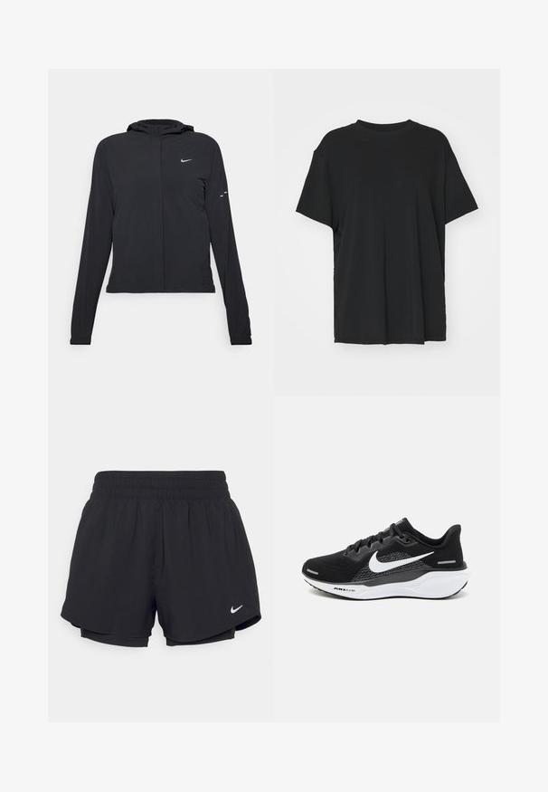 Veste à capuche noire avec des manches longues, fabriquée en matériau léger. Elle comporte une fermeture éclair à l'avant, un logo Nike et des accents de design subtils.; T-shirt noir à manches courtes en tissu lisse, avec un col ras du cou et une coupe décontractée. Présente des fentes sur les côtés pour plus de confort et de respirabilité.; Shorts de sport noirs avec un waistband élastique froncé, doublure intérieure et logo Nike blanc sur le bas à gauche. Tissu lisse et léger.; Chaussure de sport noire avec une tige en maille, un logo Nike en blanc et une semelle blanche rembourrée avec des détails texturés.
