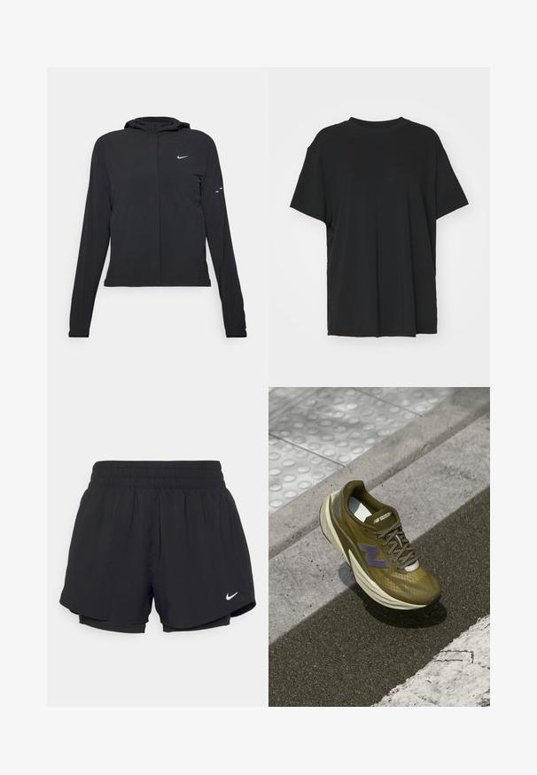 Černá kapucňová bunda s dlouhými rukávy, vyrobená z lehkého materiálu. Obsahuje přední zip, logo Nike a decentní designové akcenty.; Černé tričko s krátkým rukávem vyrobené z hladkého materiálu, s kulatým výstřihem a volným střihem. Obsahuje boční rozparky pro větší pohodlí a prodyšnost.; Černé sportovní šortky s nařaseným elastickým pasem, vnitřní podšívkou a bílým logem Nike na dolním levém rohu. Hladká, lehká tkanina.; Olivově zelená sportovní bota s prodyšným svrchním síťovinovým materiálem, polstrovanou mezipodešví, fialovým logem a texturovanou gumovou podrážkou pro lepší grip.
