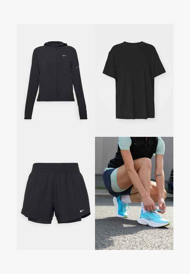 Black hooded jacket with long sleeves, made from lightweight material. Features a front zipper, a Nike logo, and subtle design accents.; Black short-sleeve t-shirt made of smooth fabric, with a crew neck and loose fit. Features side slits for added comfort and breathability.; Black athletic shorts with a gathered elastic waistband, inner lining, and white Nike logo on the lower left side. Smooth, lightweight fabric.; Lightweight turquoise running shoes with a textured mesh upper, white soles, and green accents, being laced by a person on a pavement.