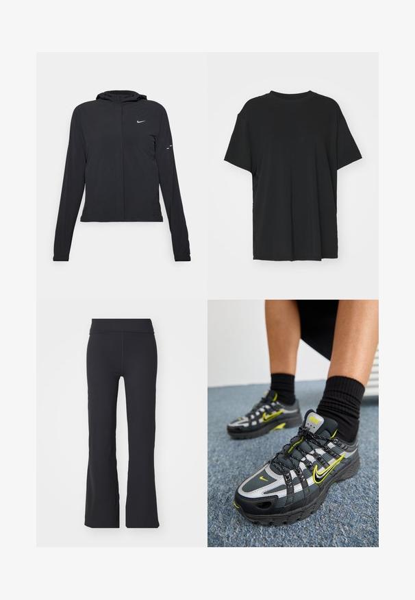 Must musta kapuutsiga jakk, millel on pikad varrukad ja mis on valmistatud kergetest materjalidest. Omab esitaskut, Nike logo ja kergelt silmatorkavaid disainiaktsente.; Must have lühikeste varrukatega must t-särk, mis on valmistatud siledast kangast, ümmarguse kaelusega ja laia lõikega. Omab külgslitsid, mis pakuvad lisamugavust ja hingavust.; Mustad laia säärega mustad püksid, mis on valmistatud venivast kangast ja neil on kõrge vöökoht. Omavad puhtaid jooni ja siledat tekstuuri, sobivad igapäevaseks kandmiseks.; Mustad mustad ja hallid sportlikud kingad peegeldavate hõbedaste aktsentidega, tekstuuriga võrkpaneelid ja erksad kollased detailid. Sidumisdisain struktureeritud tallaga.