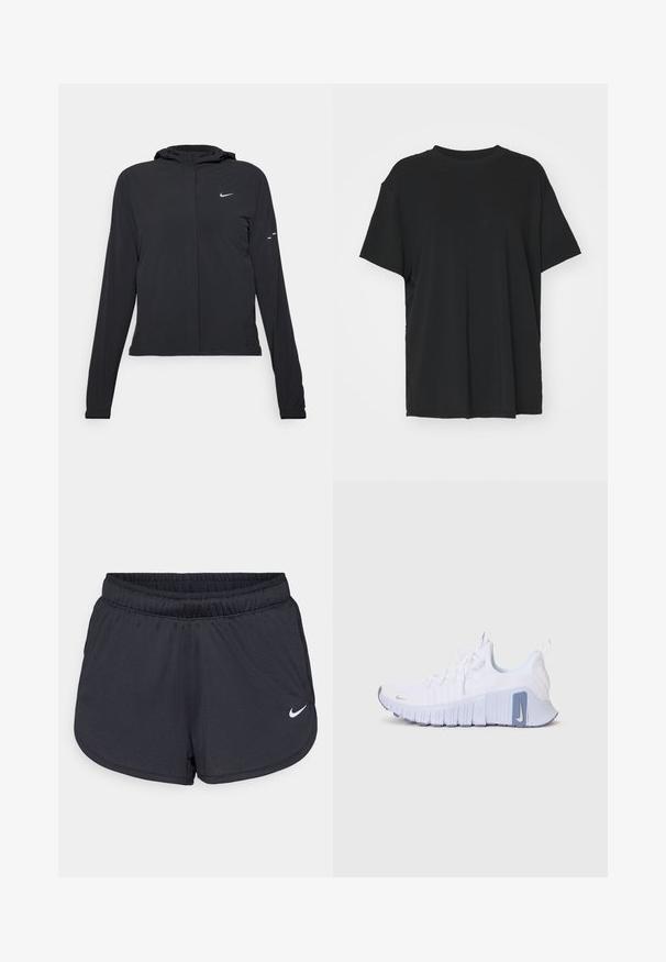 Svart hettegenser med lange ermer, laget av lett materiale. Har glidelås foran, Nike-logo og subtile design detaljer.; Svart t-skjorte med korte ermer laget av glatt stoff, med rund hals og løs passform. Har sideslisser for ekstra komfort og pusteevne.; Svarte treningsshorts laget av lett, pustende stoff. Har elastisk linning og hvit Nike-logo nederst til høyre.; Hvide Nike sneakers med en tekstureret overdel, lilla accenter på sålen og logoet, samt en fleksibel, rillet ydersål for godt greb.