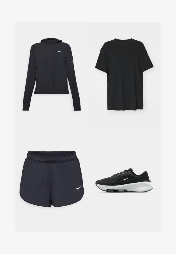 Svart hettegenser med lange ermer, laget av lett materiale. Har glidelås foran, Nike-logo og subtile design detaljer.; Svart t-skjorte med korte ermer laget av glatt stoff, med rund hals og løs passform. Har sideslisser for ekstra komfort og pusteevne.; Svarte treningsshorts laget av lett, pustende stoff. Har elastisk linning og hvit Nike-logo nederst til høyre.; Svart idrettssko med teksturert overdel, elegant design og hvit logo. Har en fremtredende polstret såle med Air Zoom-teknologi.