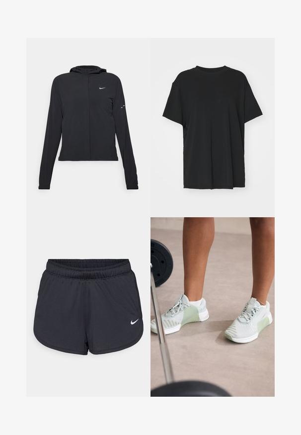 Fekete kapucnis dzseki hosszú ujjakkal, könnyű anyagból készült. Elülső cipzárral, Nike logóval és diszkrét dizájn elemekkel rendelkezik.; Fekete, rövid ujjú póló sima anyagból, kerek nyakkivágással és laza szabással. Oldalhasítékokkal a kényelem és a légáteresztés érdekében.; Fekete sportos rövidnadrág, könnyű, légáteresztő anyagból készült. Rugalmas derékpánttal rendelkezik, és a jobb alsó oldalon fehér Nike logó található.; Nike Performance METCON 9 - Edzőcipő - light silver/metallic silver/summit white/jade horizon