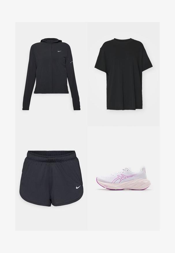 Svart huva jacka med långa ärmar, gjord av lätt material. Har en framdragare, en Nike-logotyp och subtila designelement.; Svart kortärmad t-shirt i slätt tyg, med rund hals och lös passform. Har sidslitsar för ökad komfort och andningsförmåga.; Svarta träningsshorts i lätt och andningsbart material. Har resårmidja och en vit Nike-logotyp på nedre högra sidan.; Vita idrottssko med rosa accenter, strukturerad överdel, lätt design och en kraftig, flerlagerad sula. Har logotyp på sidan.