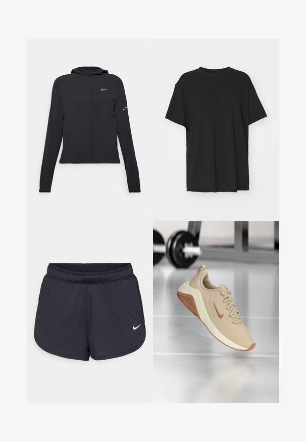 Fekete kapucnis dzseki hosszú ujjakkal, könnyű anyagból készült. Elülső cipzárral, Nike logóval és diszkrét dizájn elemekkel rendelkezik.; Fekete, rövid ujjú póló sima anyagból, kerek nyakkivágással és laza szabással. Oldalhasítékokkal a kényelem és a légáteresztés érdekében.; Fekete sportos rövidnadrág, könnyű, légáteresztő anyagból készült. Rugalmas derékpánttal rendelkezik, és a jobb alsó oldalon fehér Nike logó található.; Beige sportcipő, texturált hálós felsőrésszel, világos színű középtalppal és kontrasztos barna talppal, az oldalán egy diszkrét logóval.