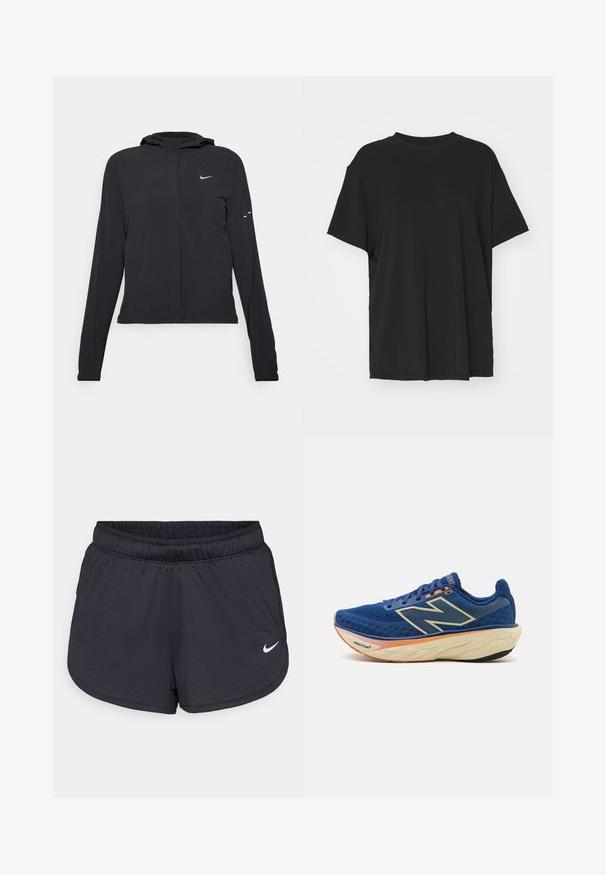 Veste à capuche noire avec des manches longues, fabriquée en matériau léger. Elle comporte une fermeture éclair à l'avant, un logo Nike et des accents de design subtils.; T-shirt noir à manches courtes en tissu lisse, avec un col ras du cou et une coupe décontractée. Présente des fentes sur les côtés pour plus de confort et de respirabilité.; Shorts de sport noirs en tissu léger et respirant. Dotés d'une taille élastique et d'un logo Nike blanc sur le bas à droite.; Baskets de course bleu avec une tige en maille respirante, un col rembourré et une semelle amortissante avec un accent orange. Marque "Fresh Foam" visible.