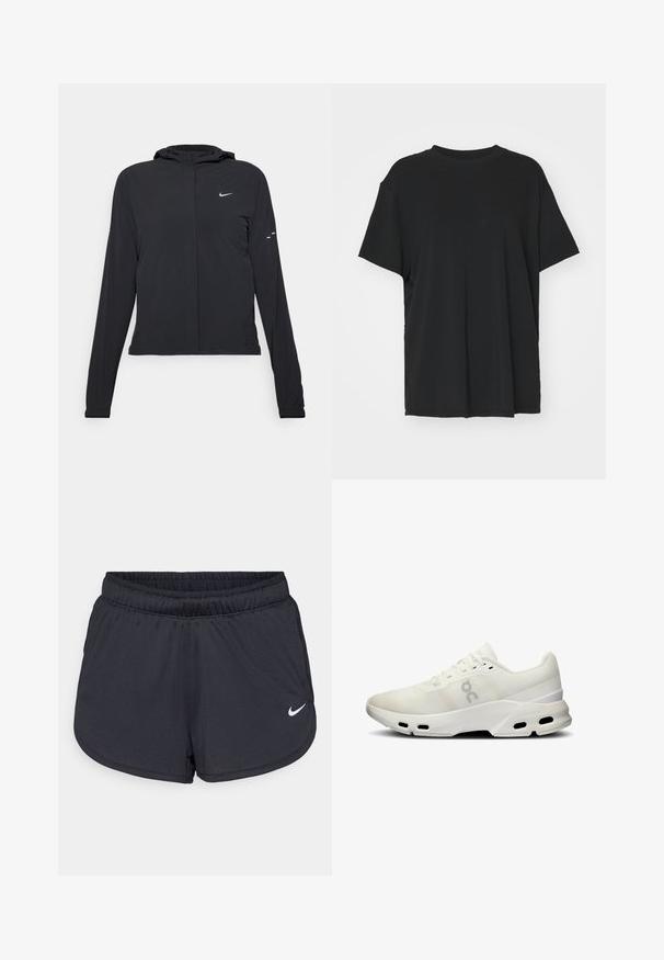 Sort hættetrøje med lange ærmer, lavet af letvægtsmateriale. Har en frontlynlås, et Nike-logo og subtile designaccenter.; Sort kortærmet t-shirt lavet af glat stof, med rund hals og løs pasform. Har sideskår for ekstra komfort og åndbarhed.; Sorte atletiske shorts lavet af letvægts, åndbart stof. Har en elastisk talje og hvidt Nike-logo på nederste højre side.; Hvid atletiksko med mesh-overdel, polstret krave og teksturerede detaljer; har Cloudtec-sål med ventilationshuller for åndbarhed.