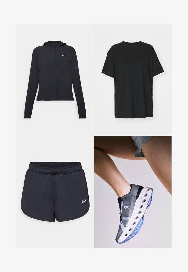 Sort hættetrøje med lange ærmer, lavet af letvægtsmateriale. Har en frontlynlås, et Nike-logo og subtile designaccenter.; Sort kortærmet t-shirt lavet af glat stof, med rund hals og løs pasform. Har sideskår for ekstra komfort og åndbarhed.; Sorte atletiske shorts lavet af letvægts, åndbart stof. Har en elastisk talje og hvidt Nike-logo på nederste højre side.; On CLOUDECLIPSE - Løbesko til landevejen - black frost