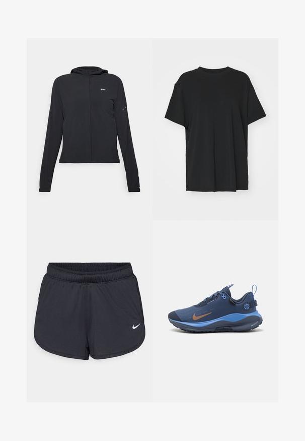 Svart hettegenser med lange ermer, laget av lett materiale. Har glidelås foran, Nike-logo og subtile design detaljer.; Svart t-skjorte med korte ermer laget av glatt stoff, med rund hals og løs passform. Har sideslisser for ekstra komfort og pusteevne.; Svarte treningsshorts laget av lett, pustende stoff. Har elastisk linning og hvit Nike-logo nederst til høyre.; Blå treningstøvel med en glatt, teksturert overflate, med en brun Nike-logo og kontrastfargede lyseblå detaljer. Gummisåle med grepdetaljer.