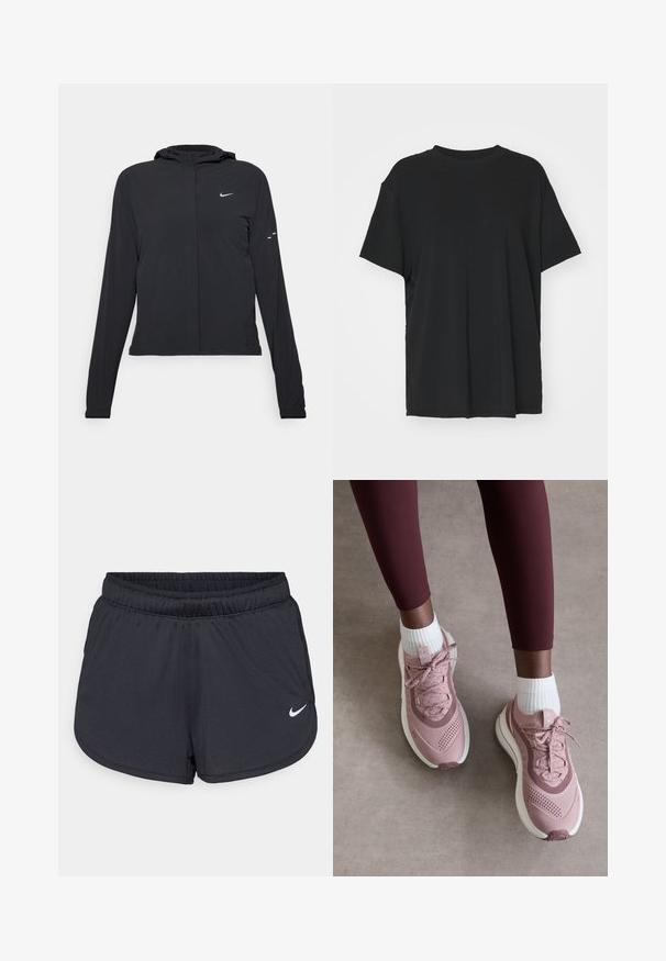 Jachetă neagră cu glugă, cu mâneci lungi, fabricată din material ușor. Dispune de un fermoar frontal, un logo Nike și accente de design subtile.; Tricou negru cu mânecă scurtă, fabricat dintr-un material neted, cu guler rotund și croială lejeră. Dispune de fante laterale pentru un plus de confort și respirație.; Pantaloni scurți atletici negri, confecționați dintr-un material ușor și respirabil. Prezintă un brâu elastic și logo-ul alb Nike în colțul din dreapta jos.; Pantofi sport roz deschis cu superior din mesh texturat, sistem de închidere cu șireturi și talpă albă. Purtați cu șosete albe până la gleznă, asortați cu colanți bordeaux.