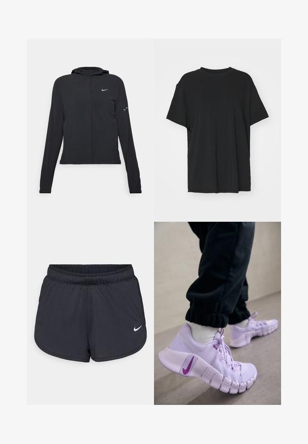 Giacca nera con cappuccio e maniche lunghe, realizzata in materiale leggero. Presenta una zip frontale, il logo Nike e accenti di design sottili.; T-shirt nera a maniche corte realizzata in un tessuto morbido, con collo rotondo e vestibilità ampia. Presenta delle fessure laterali per un comfort e una traspirabilità aggiuntivi.; Pantaloncini sportivi neri realizzati in tessuto leggero e traspirante. Caratterizzati da una vita elastica e dal logo Nike bianco sul lato inferiore destro.; Nike Performance Scarpe da allenamento - lilac bloom/vivid purple/barely grape