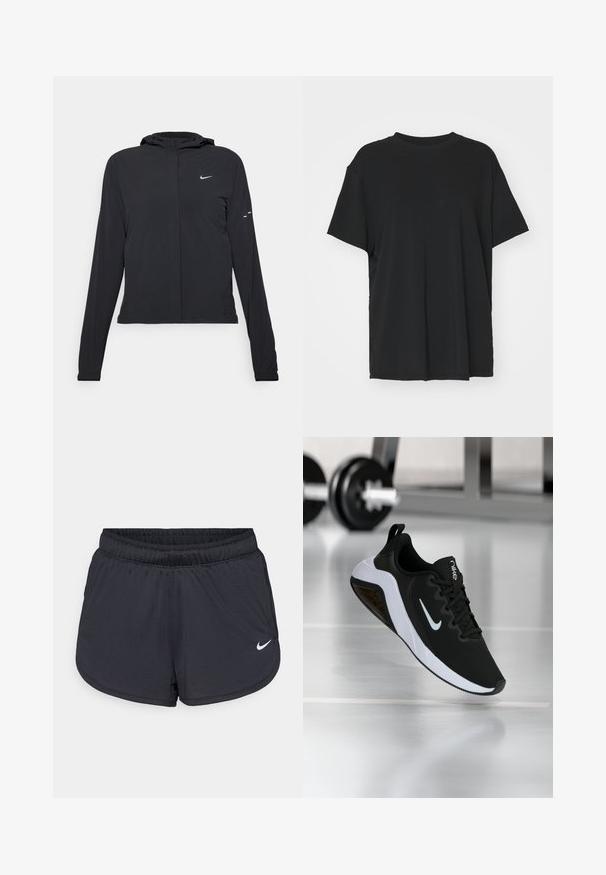 Jachetă neagră cu glugă, cu mâneci lungi, fabricată din material ușor. Dispune de un fermoar frontal, un logo Nike și accente de design subtile.; Tricou negru cu mânecă scurtă, fabricat dintr-un material neted, cu guler rotund și croială lejeră. Dispune de fante laterale pentru un plus de confort și respirație.; Pantaloni scurți atletici negri cu talie elastică, cu un design sportiv și logo-ul alb Nike pe partea frontală inferioară. Material texturat.; Shoe sport negru cu un superior din plasă, talpă albă și logo-ul Nike. Prezintă un vârf rotund și accente texturate. Plutește deasupra unei podele de sală.