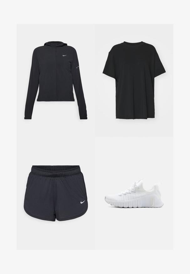 Black hooded jacket with long sleeves, made from lightweight material. Features a front zipper, a Nike logo, and subtle design accents.; Black short-sleeve t-shirt made of smooth fabric, with a crew neck and loose fit. Features side slits for added comfort and breathability.; Black athletic shorts with an elastic waistband, featuring a sporty design and a white Nike logo on the lower front. Textured fabric.; White athletic shoe with a textured upper, flat lace closure, and prominent rubber sole with vertical grooves. Features a logo on the side.