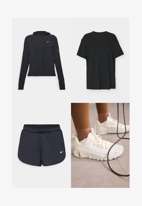 Melnā kapuci jaka ar garām piedurknēm, izgatavota no viegla materiāla. Tam ir priekšējais rāvējslēdzis, Nike logo un smalki dizaina akcenti.; Melna īsām piedurknēm T-krekli, izgatavots no gludas auduma, ar apaļu kakla izgriezumu un brīvu piegriezumu. Satur sānu šķēlumu, lai nodrošinātu papildu komfortu un gaisa caurlaidību.; Melnas sporta šortses ar elastīgu jostu, sportiska dizaina un baltu Nike logotipu apakšējā priekšpusē. Teksturēts audums.; Nike Performance FREE METCON 6 - Treniņkurpes - pale ivory/metallic red bronze/guava ice/sail/phantom/light orewood brown