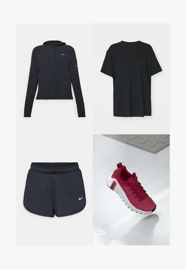 Svart huva jacka med långa ärmar, gjord av lätt material. Har en framdragare, en Nike-logotyp och subtila designelement.; Svart kortärmad t-shirt i slätt tyg, med rund hals och lös passform. Har sidslitsar för ökad komfort och andningsförmåga.; Svarta träningsshorts med elastisk midjeresår, med sportig design och en vit Nike-logotyp på nedre framsidan. Texturerat tyg.; Röd sportskor med en texturerad ovandel, snörning och en tjock vit sula. Har en kontrasterande svart tåskydd och en logotyp på sidan.